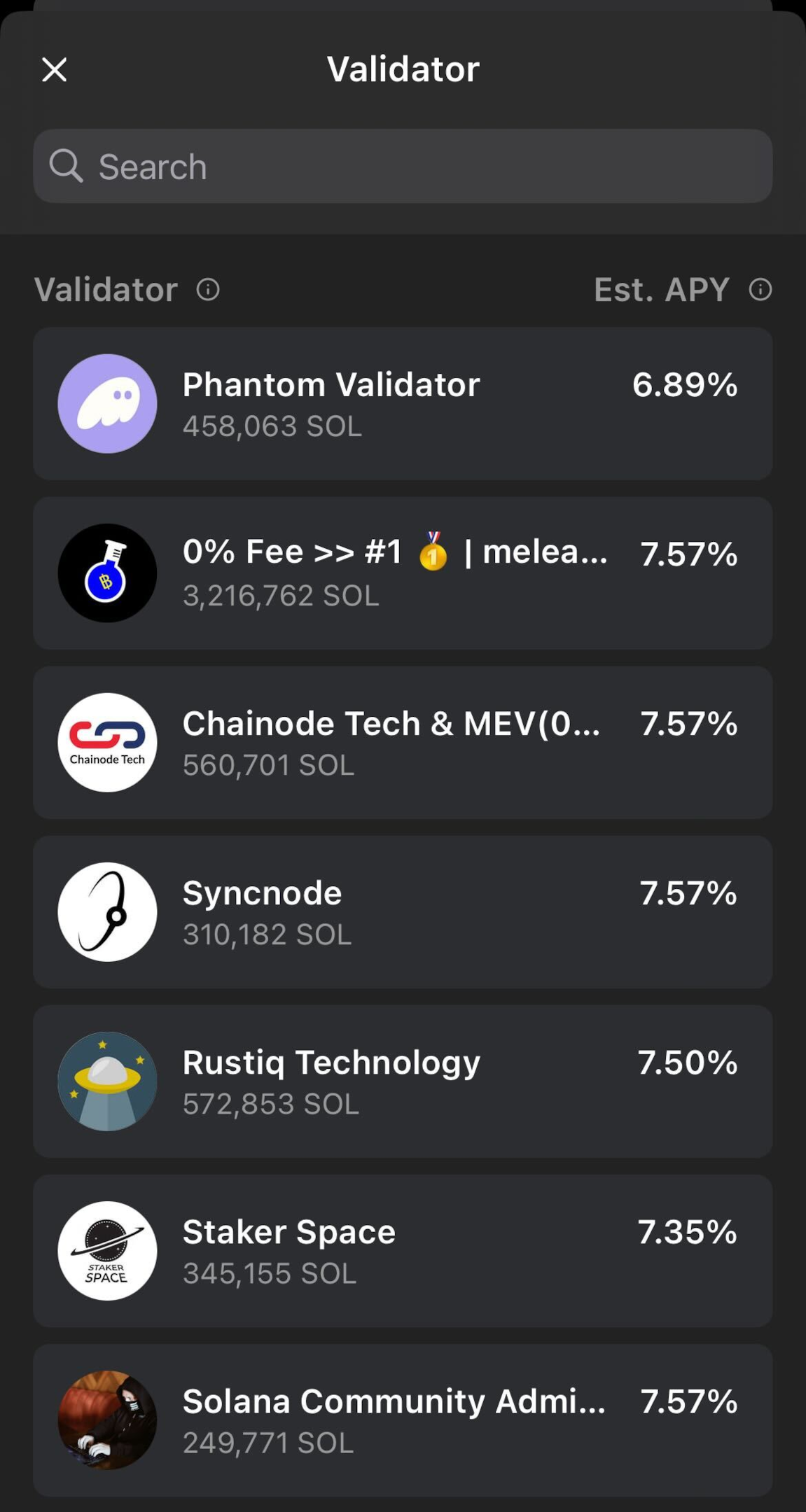 A screenshot in Phantom wallet to view validator nodes for staking SOL 
